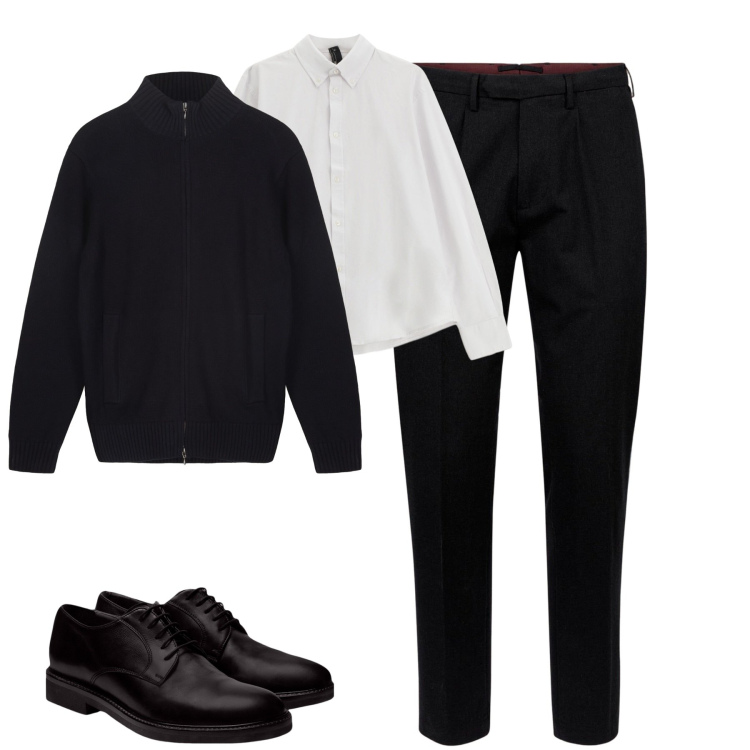 Outfit uomo - Ottobre. Stile Urban per Ufficio. Abbinamento con camicie, scarpe stringate, pantaloni, cardigans.