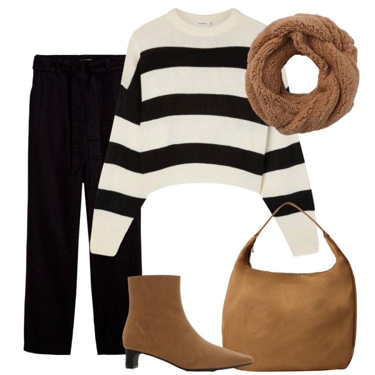 Outfit donna - Il pullover a righe. Stile Basic per Tutti i giorni. Abbinamento con pantaloni, stivaletti, borse a mano, maglieria, sciarpe.