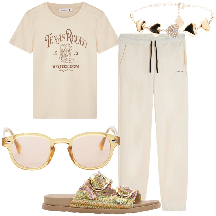 Outfit donna - I love my home. Stile Basic per Tutti i giorni. Abbinamento con ciabatte, t-shirt, occhiali da sole, pantaloni, braccialetti.