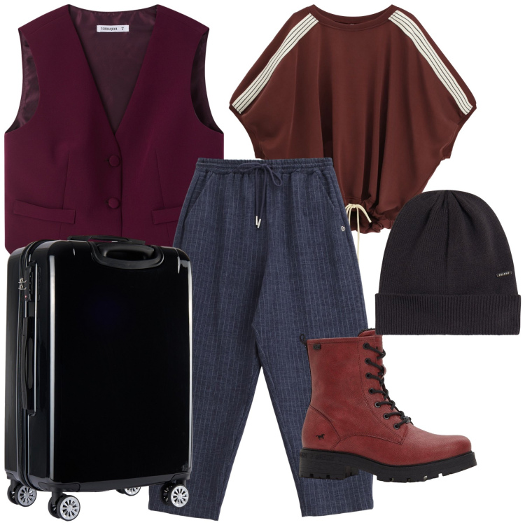 Outfit donna - Binario tre. Stile Sporty chic per Tutti i giorni. Abbinamento con stivaletti, gilet, jeans, bluse, berretti, valigie.