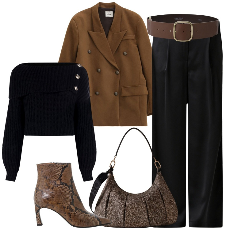 Outfit donna - Serata fuori. Stile Basic per Serata fuori. Abbinamento con blazer, cinture, stivaletti, borse a spalla, maglieria, pantaloni.