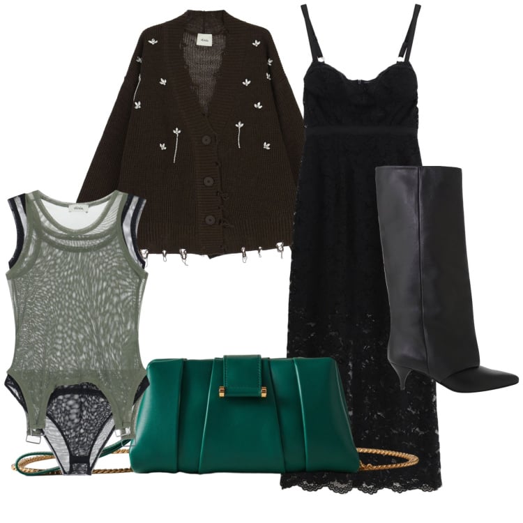 Outfit donna - Verde sul nero. Stile Glamour per Serata fuori. Abbinamento con pochette, vestiti midi/longuette, cardigans, stivali, body.
