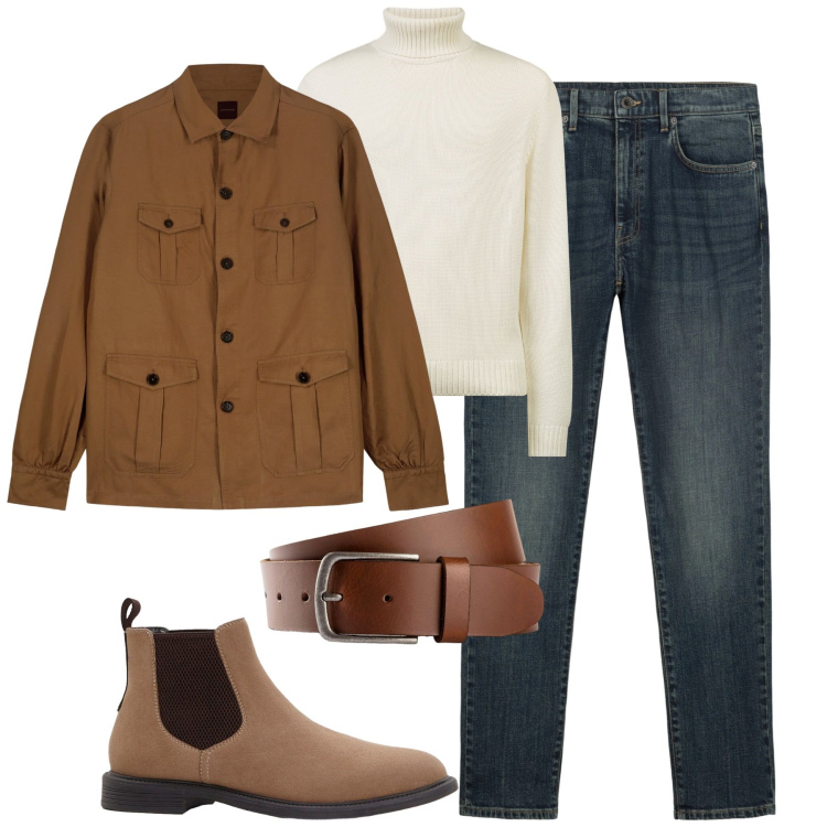 Outfit uomo - Fall. Stile Urban per Tutti i giorni. Abbinamento con cinture, stivali e stivaletti, cappotti, maglieria, jeans.