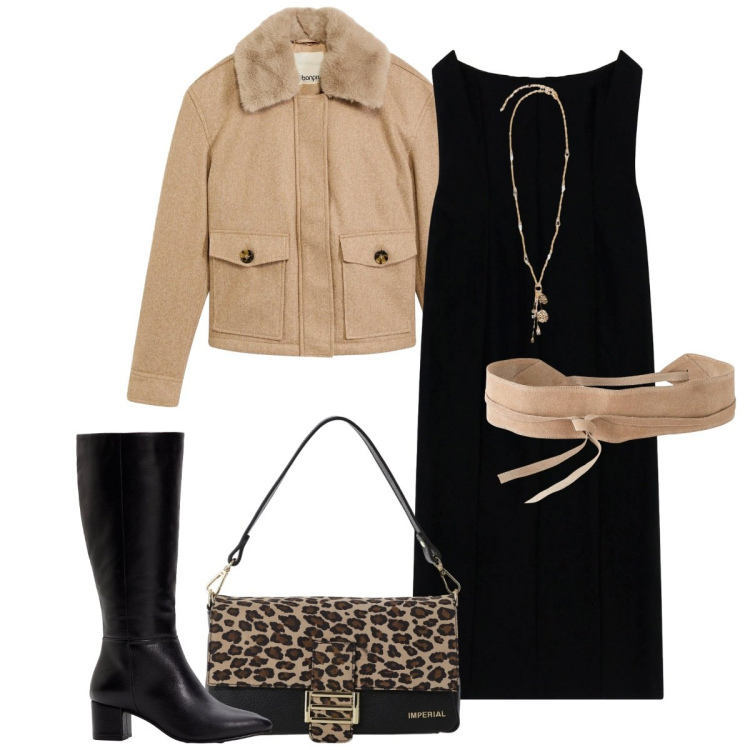 Outfit donna - Borsa animalier. Stile Basic per Serata fuori. Abbinamento con cinture, stivali, piumini, vestiti lunghi, borse a spalla, ciondoli.