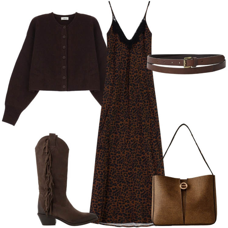 Outfit donna - Lo stivale col vestito lungo. Stile Basic per Serata fuori. Abbinamento con cinture, stivali, cardigans, borse a secchiello, vestiti lunghi.