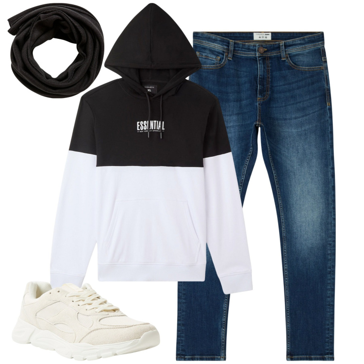 Outfit uomo - Total look #2270284. Stile Casual per Tutti i giorni. Abbinamento con sneakers, jeans skinny, sciarpe, felpe con cappuccio.