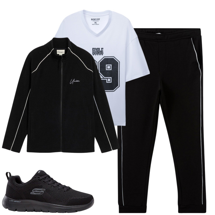 Outfit uomo - Total look #2270285. Stile Casual per Sport. Abbinamento con sneakers, giacche, pantaloni sportivi, t-shirt.