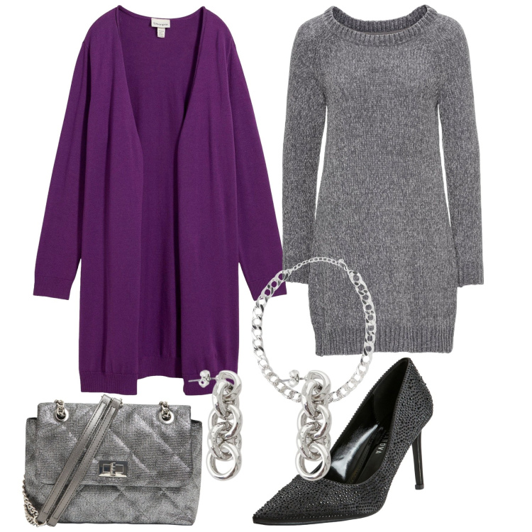 Outfit donna - Un tocco di colore. Stile Glamour per Ufficio. Abbinamento con vestiti, cardigans, décolleté, collane, borse a tracolla, orecchini.