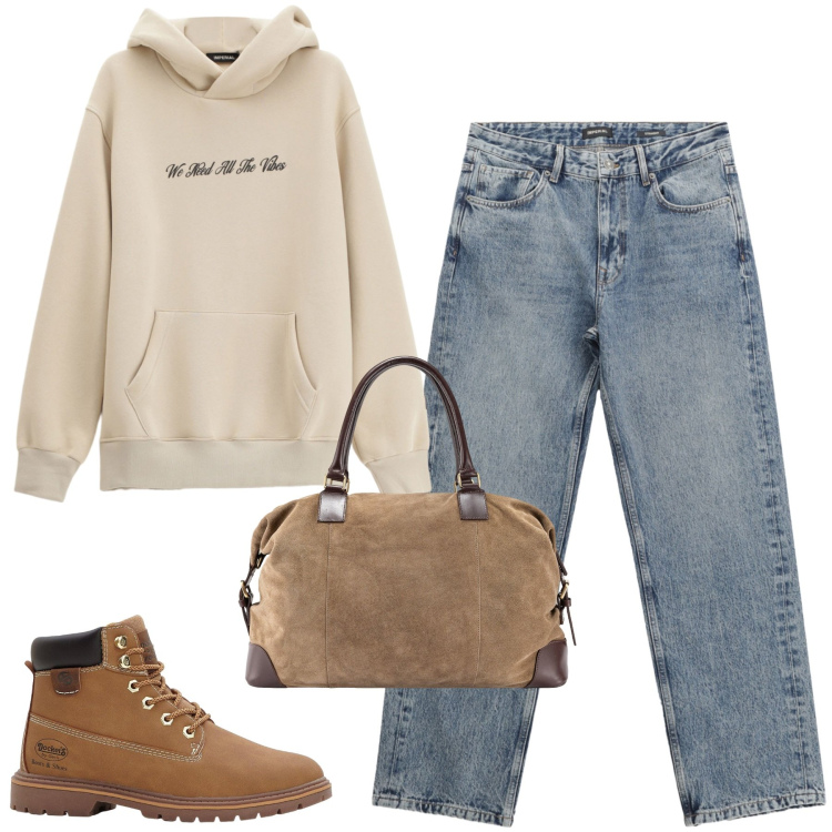 Outfit uomo - Total look #2270289. Stile Casual per Tutti i giorni. Abbinamento con stivali e stivaletti, jeans dritti, felpe con cappuccio, borse sportive.