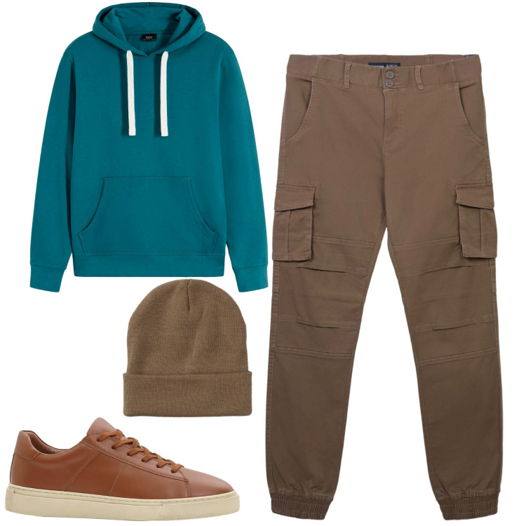 Outfit uomo - Total look #2270291. Stile Casual per Tutti i giorni. Abbinamento con felpe con cappuccio, sneakers, pantaloni cargo, berretti.