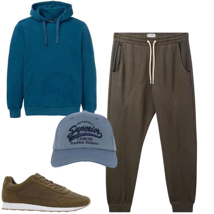 Outfit uomo - Total look #2270293. Stile Casual per Tutti i giorni. Abbinamento con felpe con cappuccio, sneakers, pantaloni, cappelli con visiera.