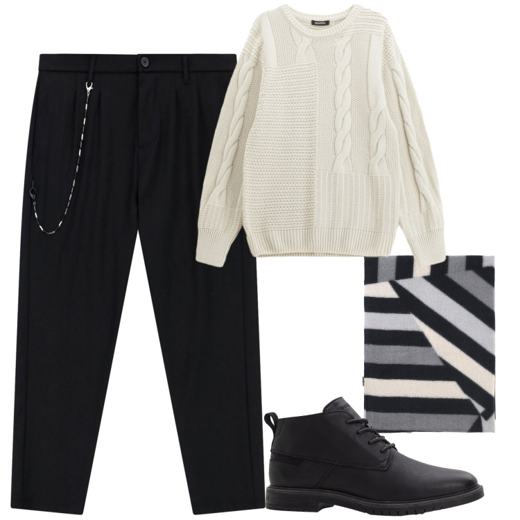 Outfit uomo - City. Stile Urban per Tutti i giorni. Abbinamento con stivali e stivaletti, pantaloni, maglieria, sciarpe.