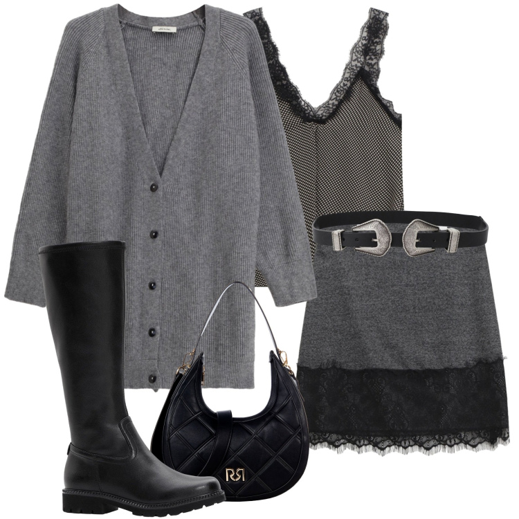 Outfit donna - Serata con amici. Stile Casual chic per Serata fuori. Abbinamento con stivali, top, cinture, cardigans, minigonne, borse a tracolla.