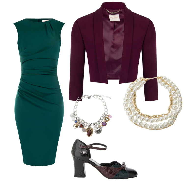 Outfit donna - Apparenti contrasti. Stile Chic per Serata fuori. Abbinamento con blazer, vestiti a tubino, décolleté, braccialetti con ciondoli, collane.