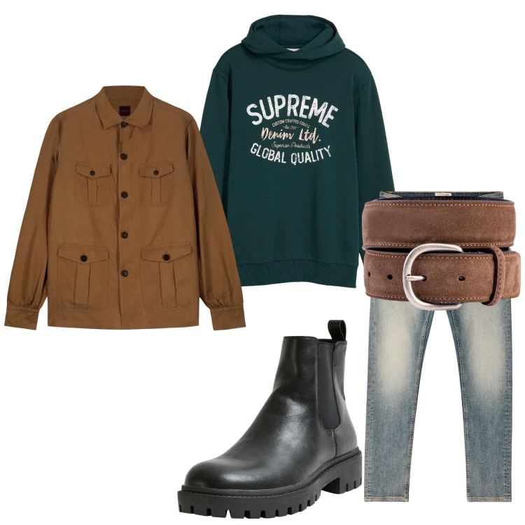 Outfit uomo - Total look #2270301. Stile Casual per Tutti i giorni. Abbinamento con felpe con cappuccio, stivali e stivaletti, jeans skinny, cinture, cappotti.