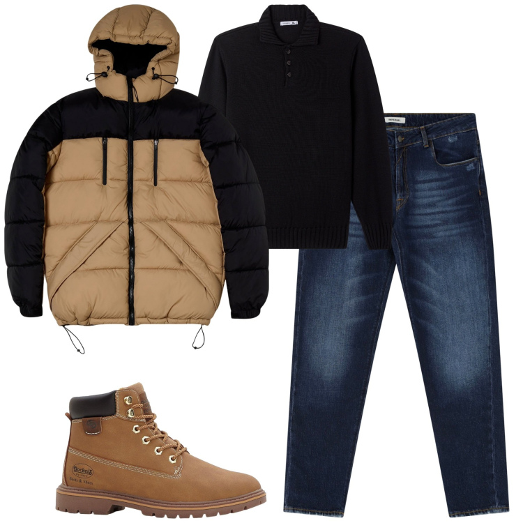 Outfit uomo - Fall. Stile Casual per Tutti i giorni. Abbinamento con stivali e stivaletti, giacche sportive, maglieria, jeans dritti.