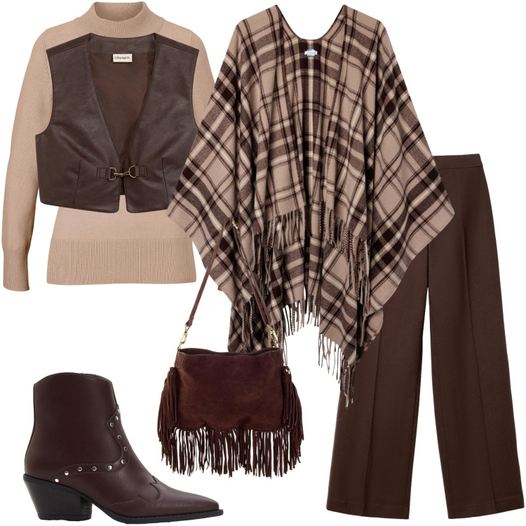 Outfit donna - Mocha mousse. Stile Glamour per Tutti i giorni. Abbinamento con maglieria, gilet, stivaletti texani, borse a tracolla, cappotti, pantaloni.