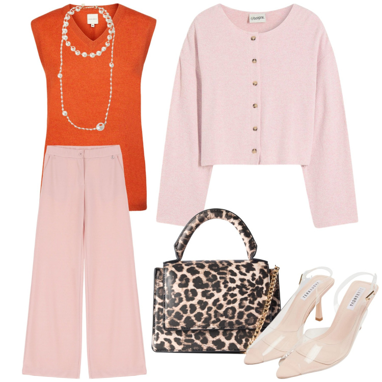 Outfit donna - Rosarancio. Stile Chic per Tutti i giorni. Abbinamento con cardigans, sandali col tacco, borse a tracolla, pantaloni, collane, maglieria.
