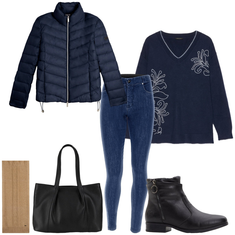 Outfit donna - Total look #2270316. Stile Basic per Scuola/Università. Abbinamento con stivaletti, shopping bag, jeans skinny, sciarpe, piumini, maglieria.