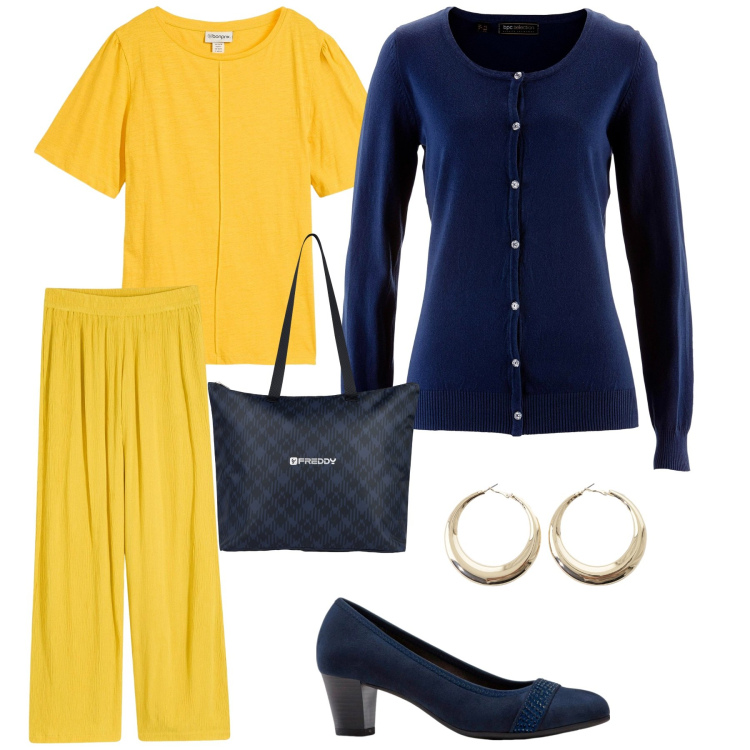 Outfit donna - Colori a contrasto. Stile Casual chic per Tutti i giorni. Abbinamento con décolleté, pantaloni, cardigans, t-shirt, orecchini, shopping bag.