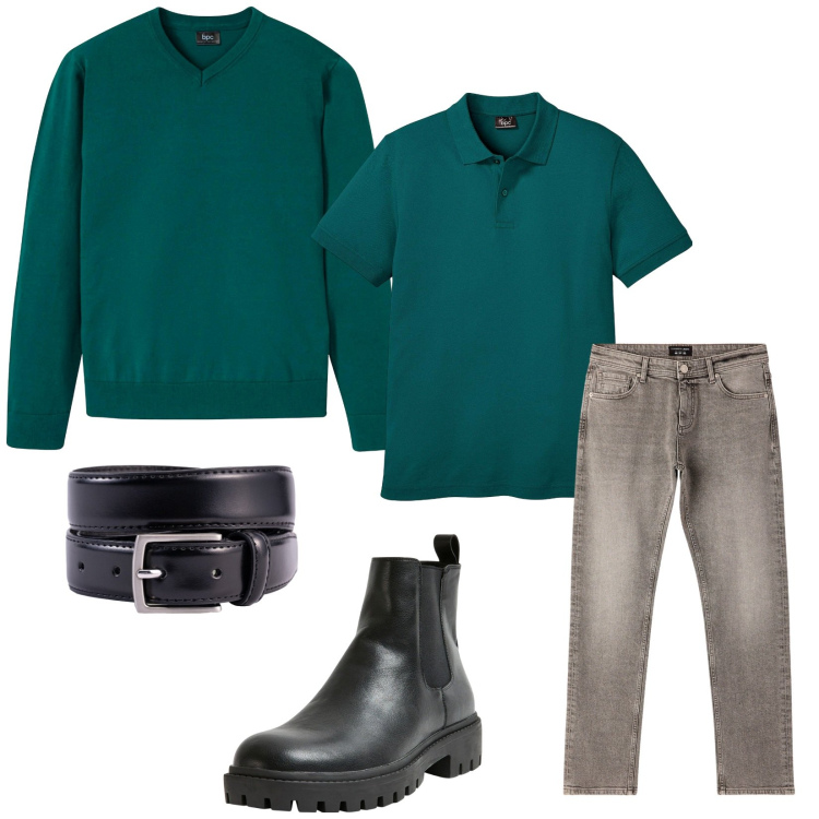 Outfit uomo - Total look #2270325. Stile Casual per Tutti i giorni. Abbinamento con polo, maglieria, stivali e stivaletti, jeans, cinture.