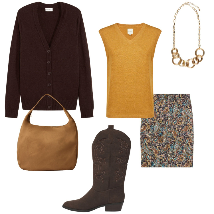 Outfit donna - Total look #2270328. Stile Bon Ton per Ufficio. Abbinamento con gonne, cardigans, borse a mano, stivaletti texani, maglieria, collane.