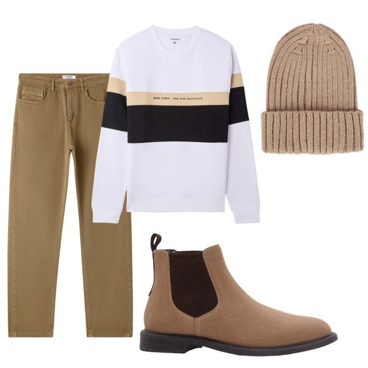 Outfit uomo - Total look #2270329. Stile Trendy per Tutti i giorni. Abbinamento con stivali e stivaletti, felpe con cappuccio, jeans dritti, berretti.