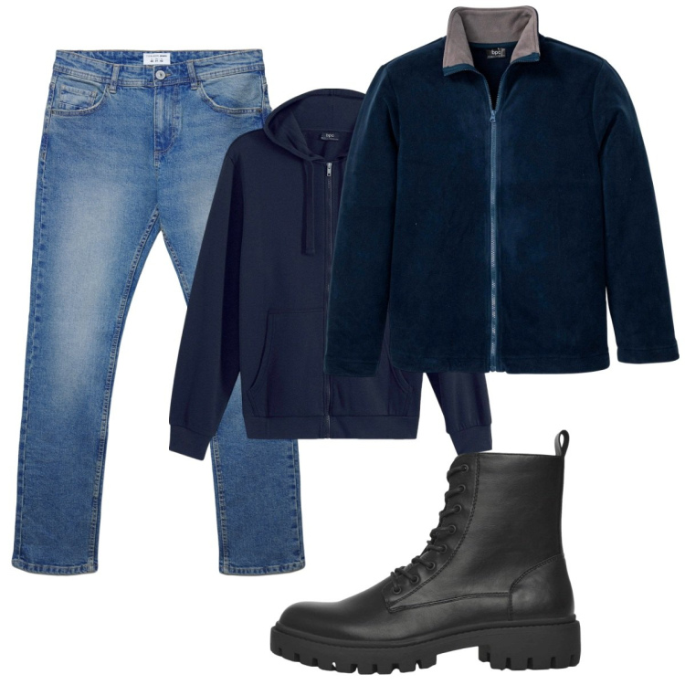 Outfit uomo - Total look #2270333. Stile Urban per Tutti i giorni. Abbinamento con felpe con cappuccio, giacche, anfibi, jeans dritti.