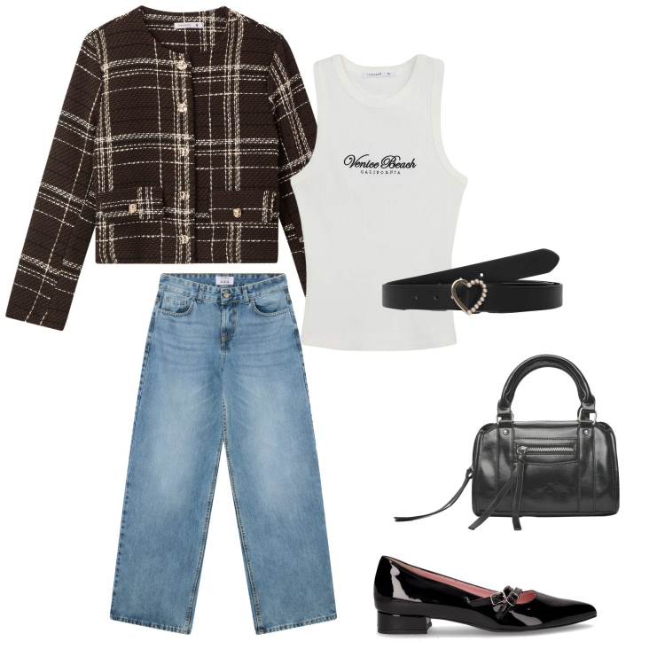 Outfit donna - Giornata casual. Stile Casual chic per Tutti i giorni. look ideale per Petite. Abbinamento con blazer, canottiere, cinture, jeans boyfriend, borse a mano, ballerine.