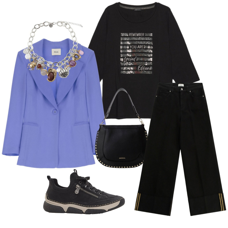 Outfit donna - Total look #2270340. Stile Chic per Tutti i giorni. Abbinamento con sneakers, borse a spalla, blazer, pantaloni a palazzo, braccialetti con ciondoli, t-shirt.