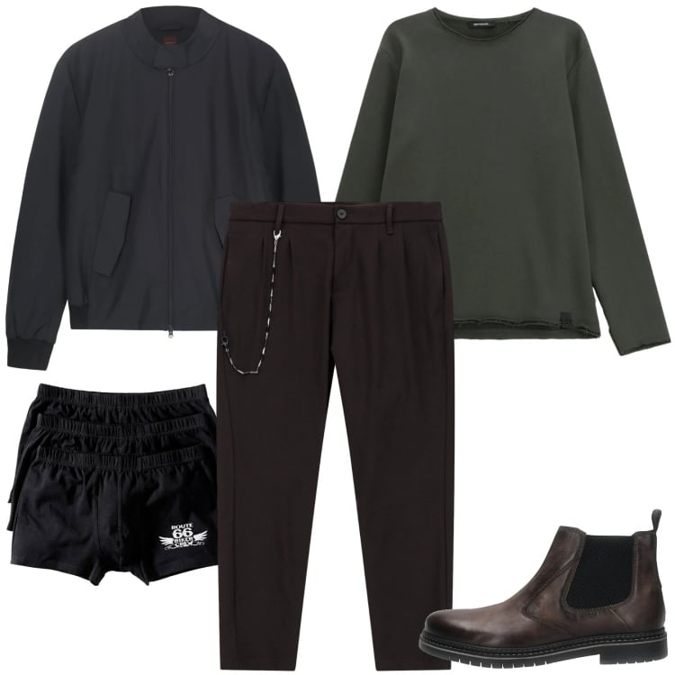 Outfit uomo - Basic. Stile Casual per Tutti i giorni. Abbinamento con boxer, pantaloni, felpe, stivali e stivaletti, bomber.