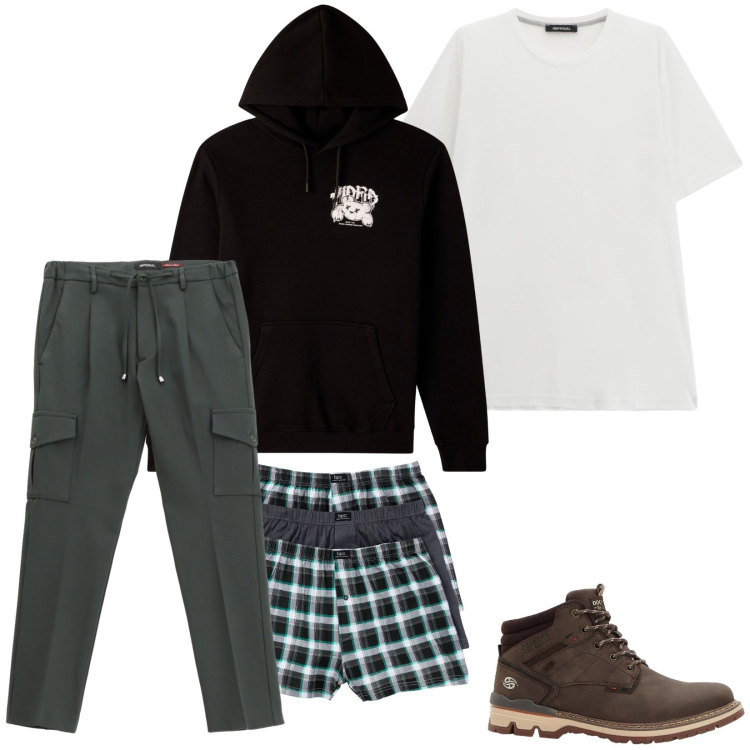 Outfit uomo - Total look #2270345. Stile Casual per Tutti i giorni. Abbinamento con boxer, stivali e stivaletti, felpe con cappuccio, pantaloni cargo, t-shirt.