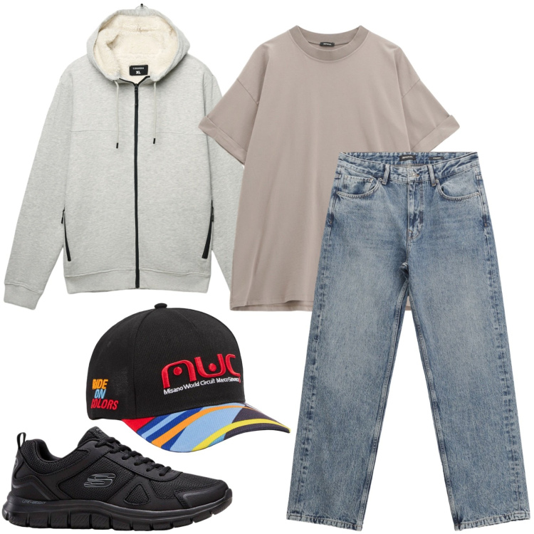 Outfit uomo - Total look #2270346. Stile Casual per Tutti i giorni. Abbinamento con sneakers, cappelli, felpe con cappuccio, jeans dritti, t-shirt.