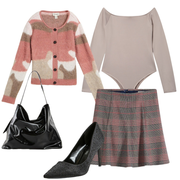 Outfit donna - Total look #2270347. Stile Casual chic per Ufficio. Abbinamento con shopping bag, minigonne, cardigans, décolleté, body.