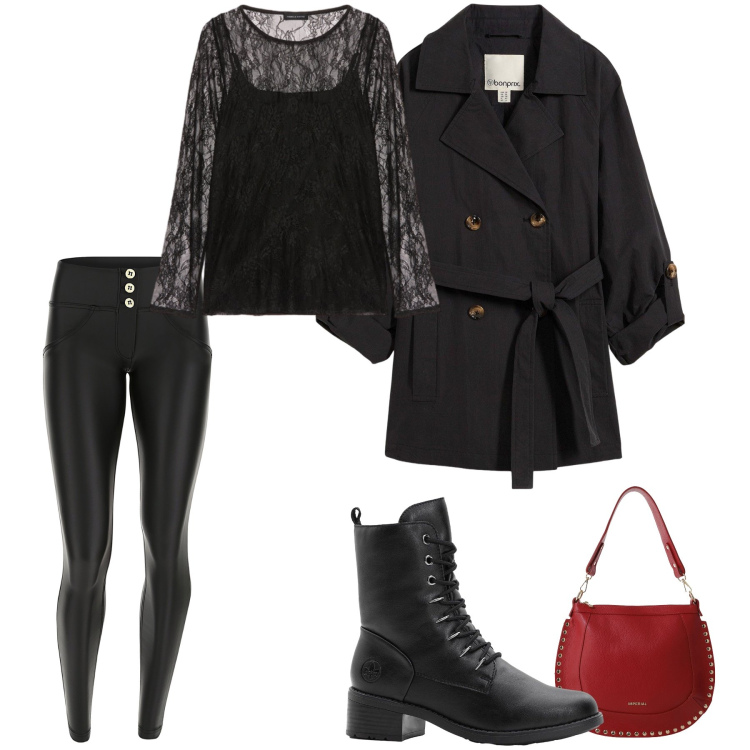 Outfit donna - Black is black. Stile Rock per Serata fuori. look ideale per Tall. Abbinamento con trench, stivaletti, borse a spalla, pantaloni skinny, bluse.