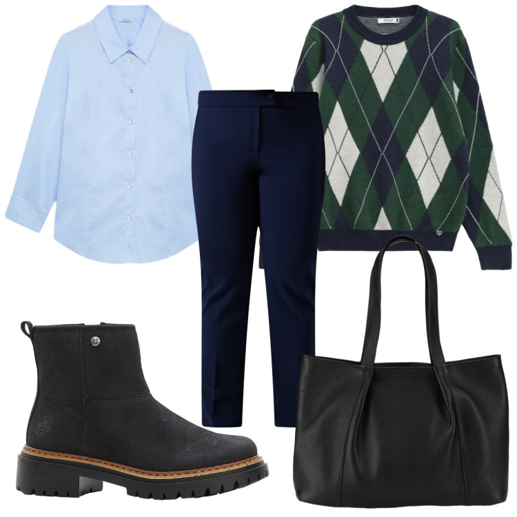 Outfit donna - Total look #2270351. Stile Mannish per Ufficio. Abbinamento con stivaletti, shopping bag, maglieria, pantaloni, camicie.
