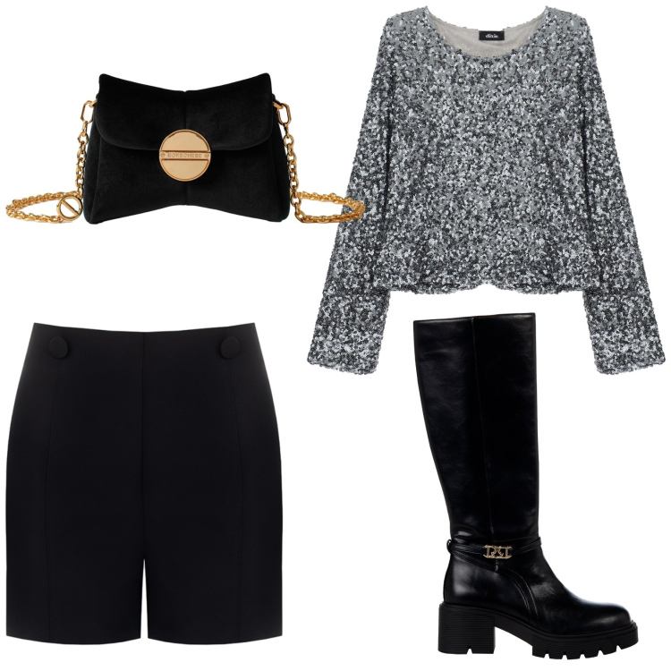 Outfit donna - Shorts e stivali. Stile Rock per Serata fuori. Abbinamento con top, borse a tracolla, shorts, stivali sopra il ginocchio.