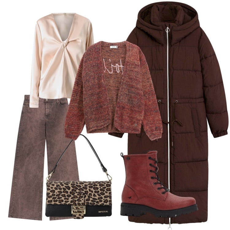 Outfit donna - Easy Cioccolato. Stile Casual chic per Tutti i giorni. Abbinamento con stivaletti, piumini, bluse, cardigans, pantaloni a palazzo, borse a spalla.