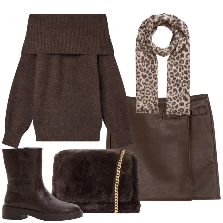 Outfit donna - Sui toni del marrone. Stile Basic per Tutti i giorni. Abbinamento con stivaletti, gonne, sciarpe, borse a tracolla, maglieria.