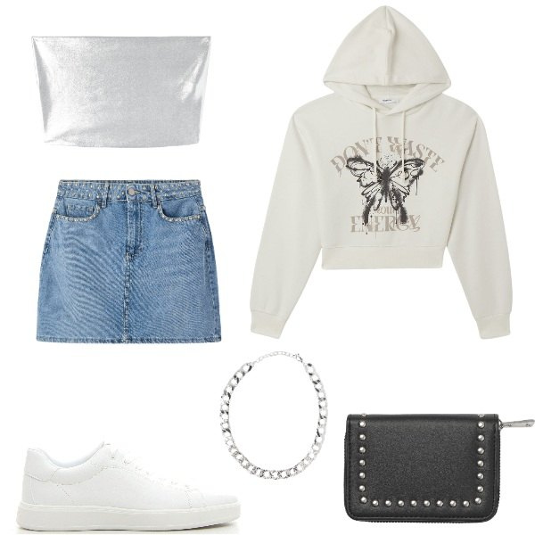 Outfit donna - outfit alla moda per teenagers. Stile Casual per Tutti i giorni. Abbinamento con portafogli, felpe con cappuccio, minigonne, collane, top, sneakers.