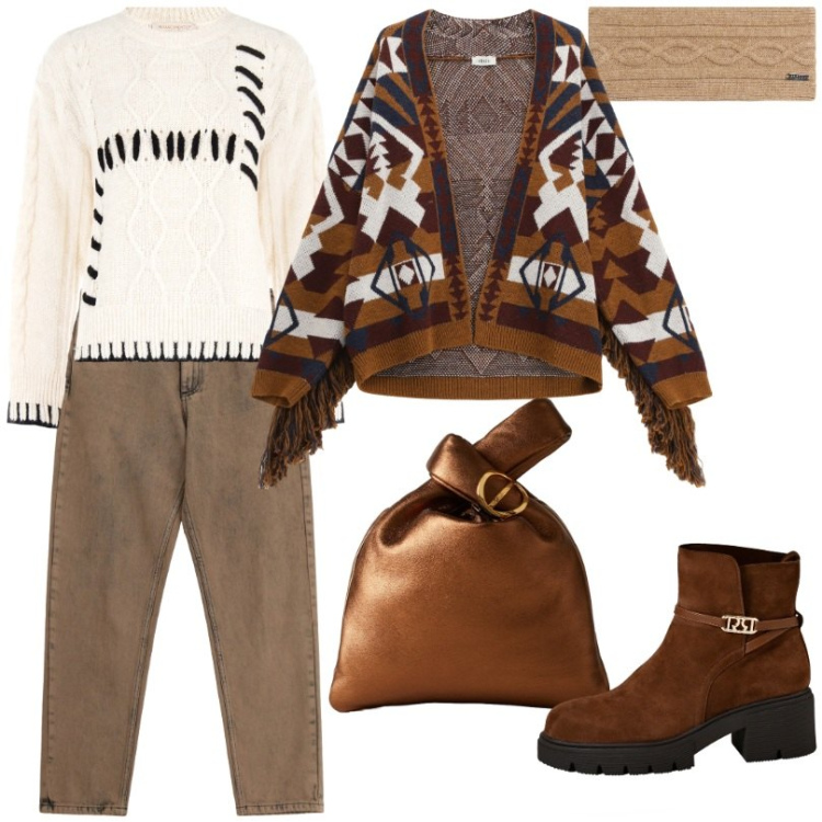 Outfit donna - Cardigan fantasia geometrica. Stile Casual per Tutti i giorni. Abbinamento con pantaloni, cardigans, borse a mano, stivaletti, maglieria, accessori per capelli.
