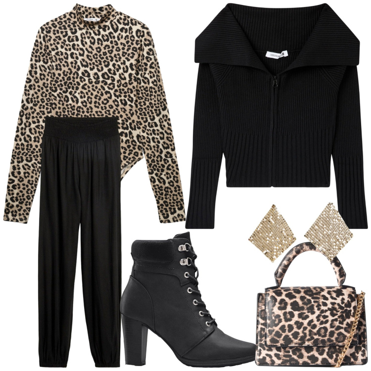 Outfit donna - Un tocco di animalier. Stile Chic per Tutti i giorni. Abbinamento con pantaloni a palazzo, stivaletti, cardigans, orecchini, borse a tracolla, body.