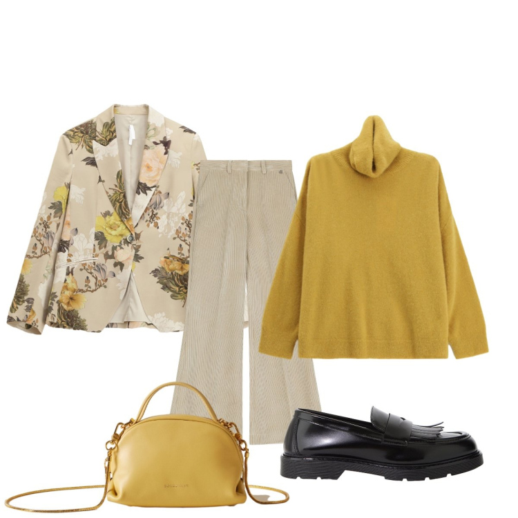 Outfit donna - Un tocco di senape. Stile Casual chic per Ufficio. Abbinamento con mocassini, pantaloni a palazzo, borse a mano, blazer, maglieria.