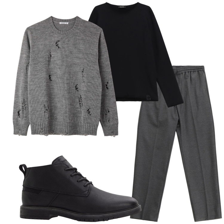 Outfit uomo - Serata con amici. Stile Casual per Serata speciale. Abbinamento con stivali e stivaletti, maglieria, pantaloni, felpe.