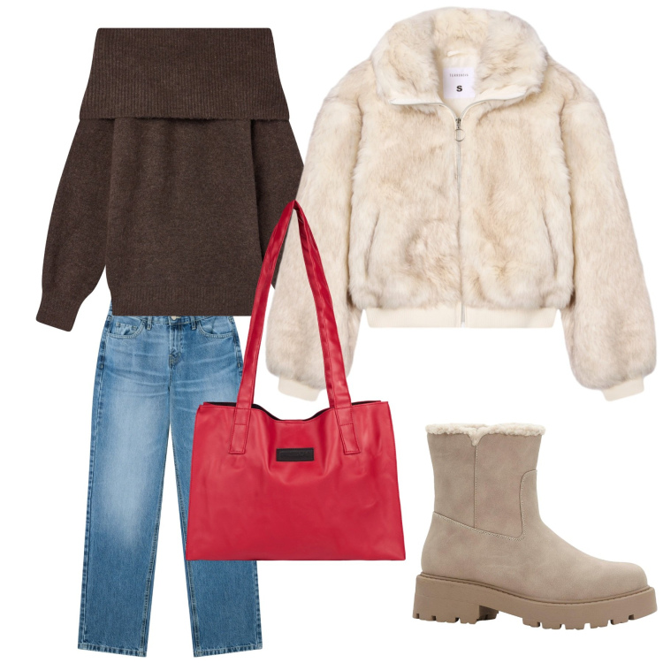 Outfit donna - Urban. Stile Urban per Tutti i giorni. Abbinamento con stivaletti, jeans dritti, maglieria, ecopellicce, shopping bag.