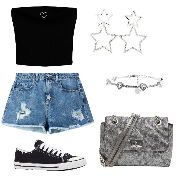 Outfit donna - outfit trendy. Stile Trendy per Tutti i giorni. Abbinamento con sneakers, orecchini, top, shorts, borse a tracolla, braccialetti.