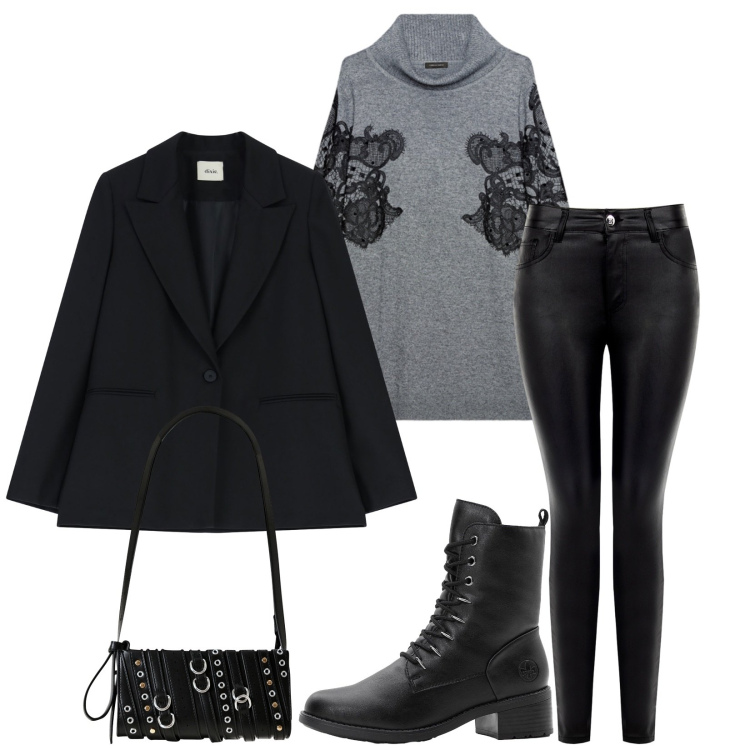 Outfit donna - Total look #2270369. Stile Rock per Serata fuori. Abbinamento con stivaletti, blazer, pantaloni skinny, borse a spalla, maglieria.