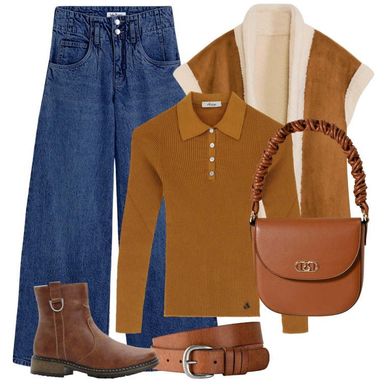 Outfit donna - Total look #2270370. Stile Etnico per Tutti i giorni. Abbinamento con cinture, jeans, stivaletti, piumini, maglieria, borse a mano.