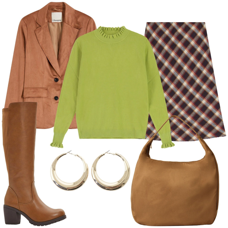 Outfit donna - Gonna a quadri. Stile Trendy per Tutti i giorni. Abbinamento con blazer, stivali, borse a mano, gonne, orecchini, maglieria.