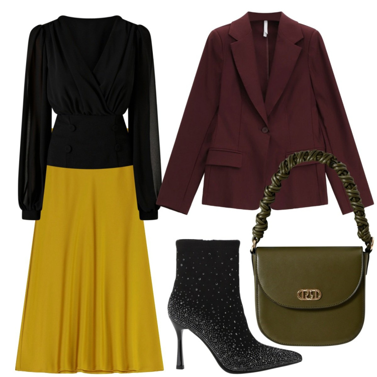 Outfit donna - Seratissima Glamour. Stile Glamour per Serata fuori. Abbinamento con bluse, borse a mano, blazer, stivaletti, gonne lunghe.